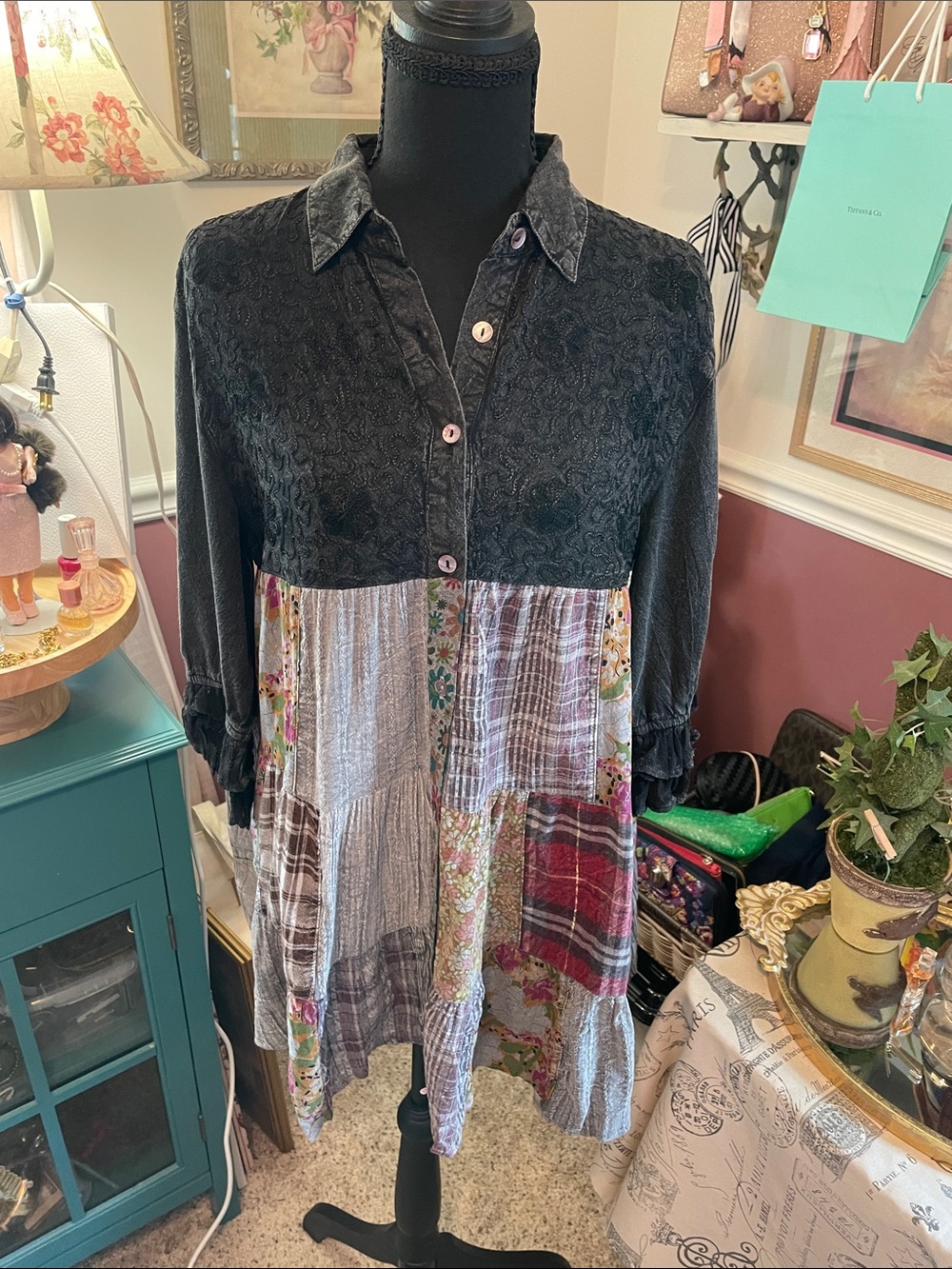 Black Bodice Embroidered Patchwork Long-Sleeve Dress / Tunic Top Medium